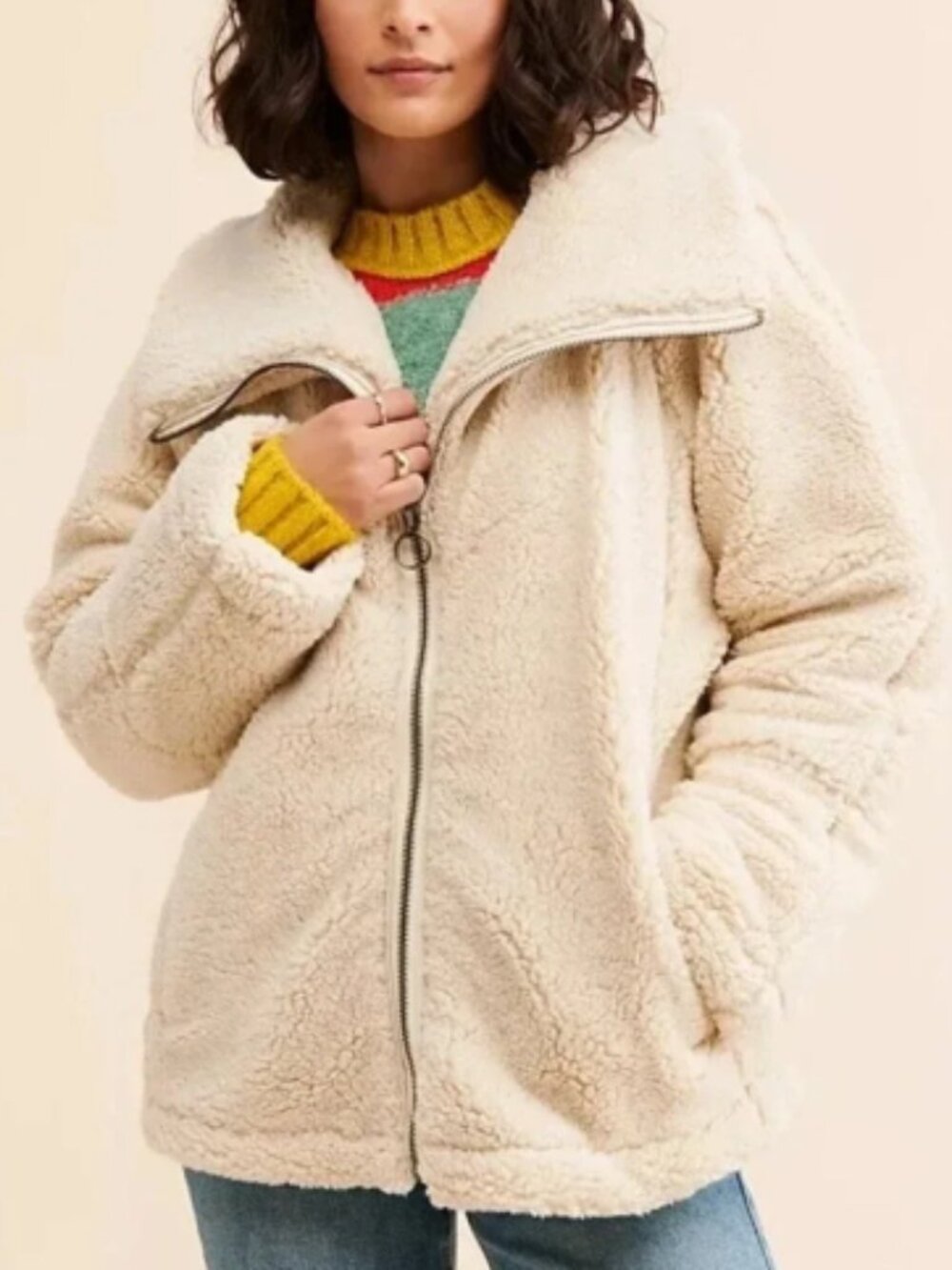 FREE PEOPLE Raya Cozy Sherpa Full Zip Jacket Coat Cream Small S